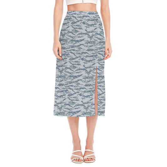 Winter Tiger Stripe Camo Pattern Print Side Slit Midi Skirt