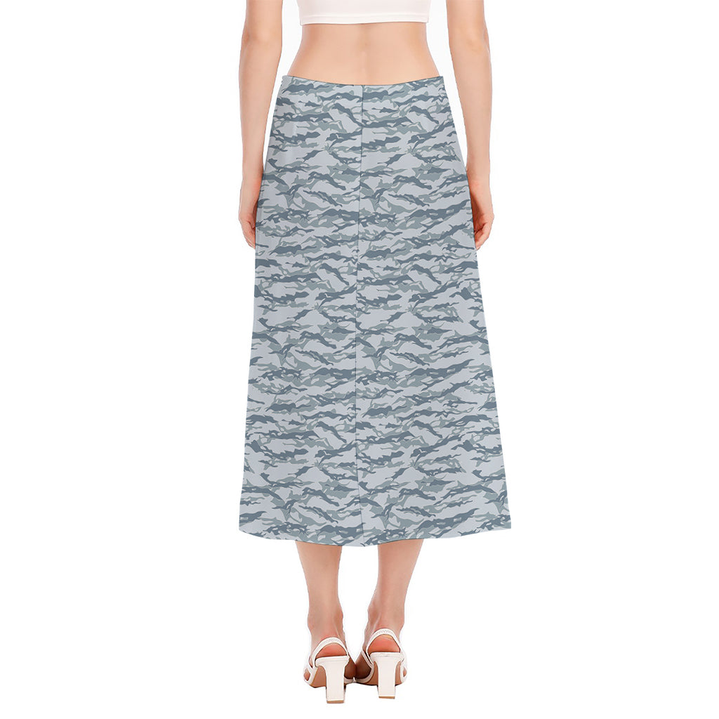 Winter Tiger Stripe Camo Pattern Print Side Slit Midi Skirt