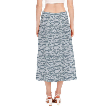 Winter Tiger Stripe Camo Pattern Print Side Slit Midi Skirt
