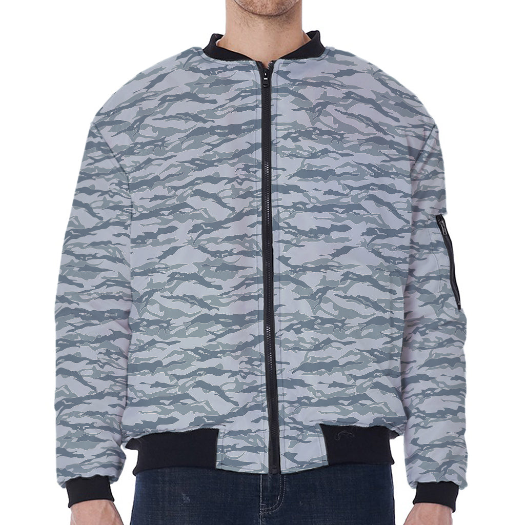 Winter Tiger Stripe Camo Pattern Print Zip Sleeve Bomber Jacket