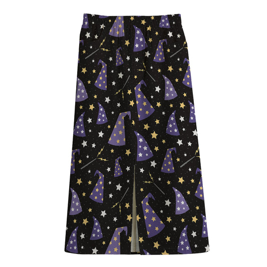 Wizard Hat Pattern Print Cotton Front Slit Maxi Skirt