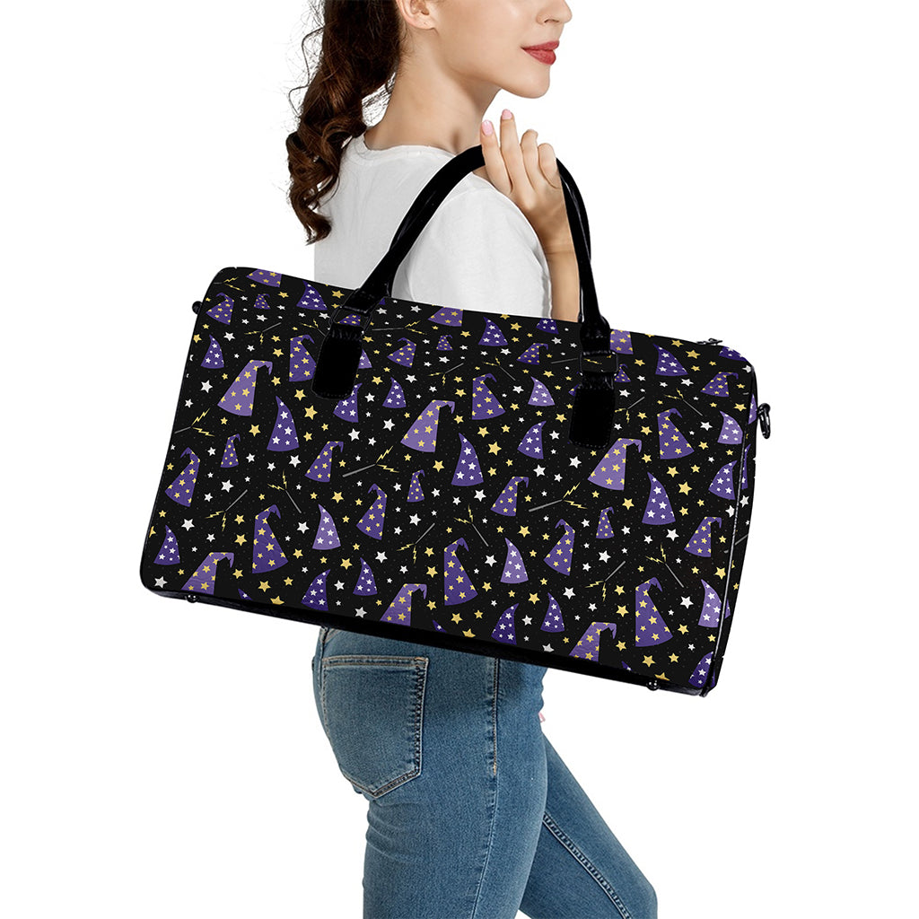 Wizard Hat Pattern Print Leather Duffle Bag