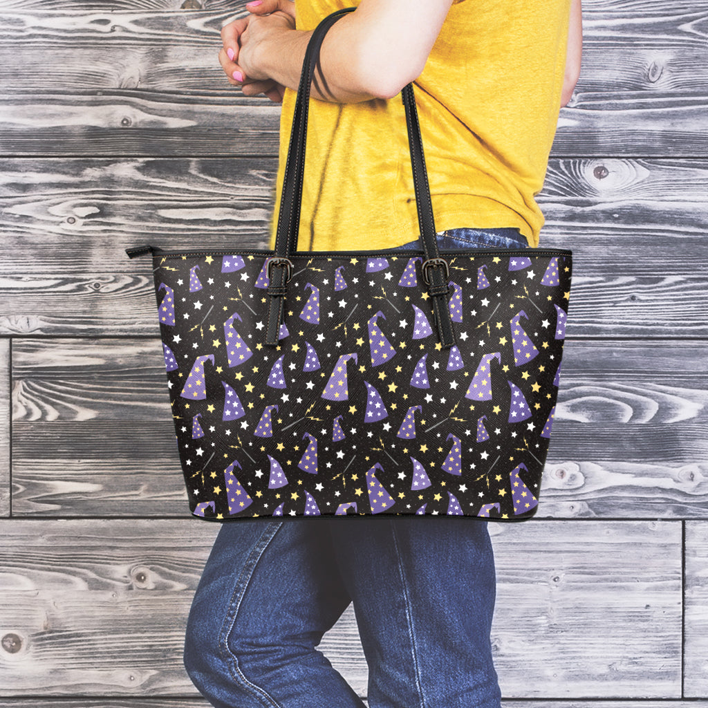Wizard Hat Pattern Print Leather Tote Bag