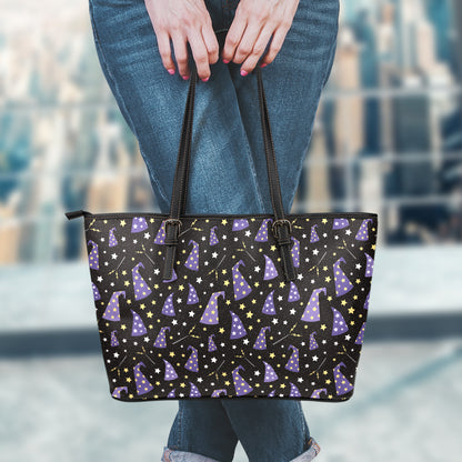 Wizard Hat Pattern Print Leather Tote Bag