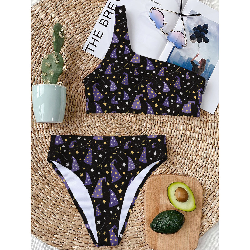 Wizard Hat Pattern Print One Shoulder Bikini Top