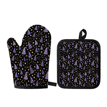 Wizard Hat Pattern Print Oven Mitt And Pot Holder Set
