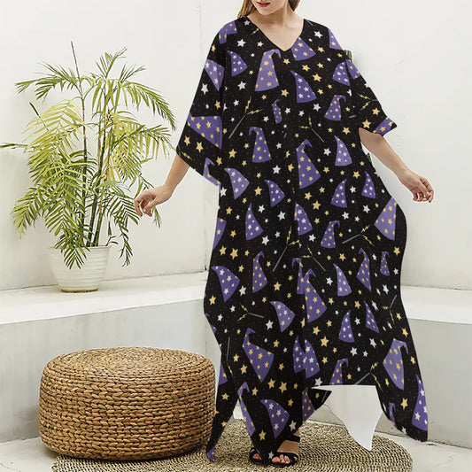 Wizard Hat Pattern Print Silk V-Neck Kaftan Dress