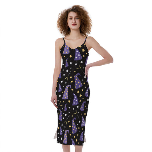 Wizard Hat Pattern Print Slim Fit Midi Cami Dress