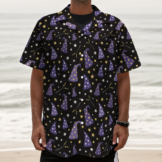 Wizard Hat Pattern Print Textured Short Sleeve Shirt