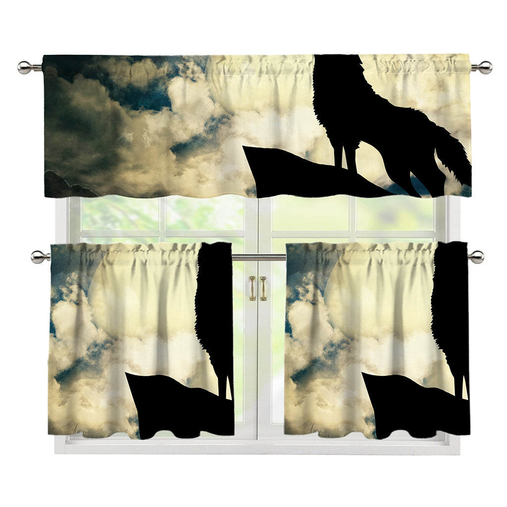 Wolf Howling At The Full Moon Print 3 Piece Kitchen Curtains