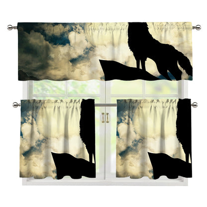 Wolf Howling At The Full Moon Print 3 Piece Kitchen Curtains