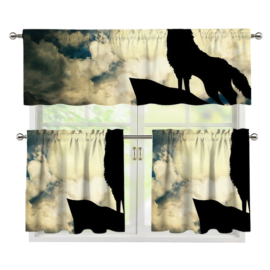 Wolf Howling At The Full Moon Print 3 Piece Kitchen Curtains