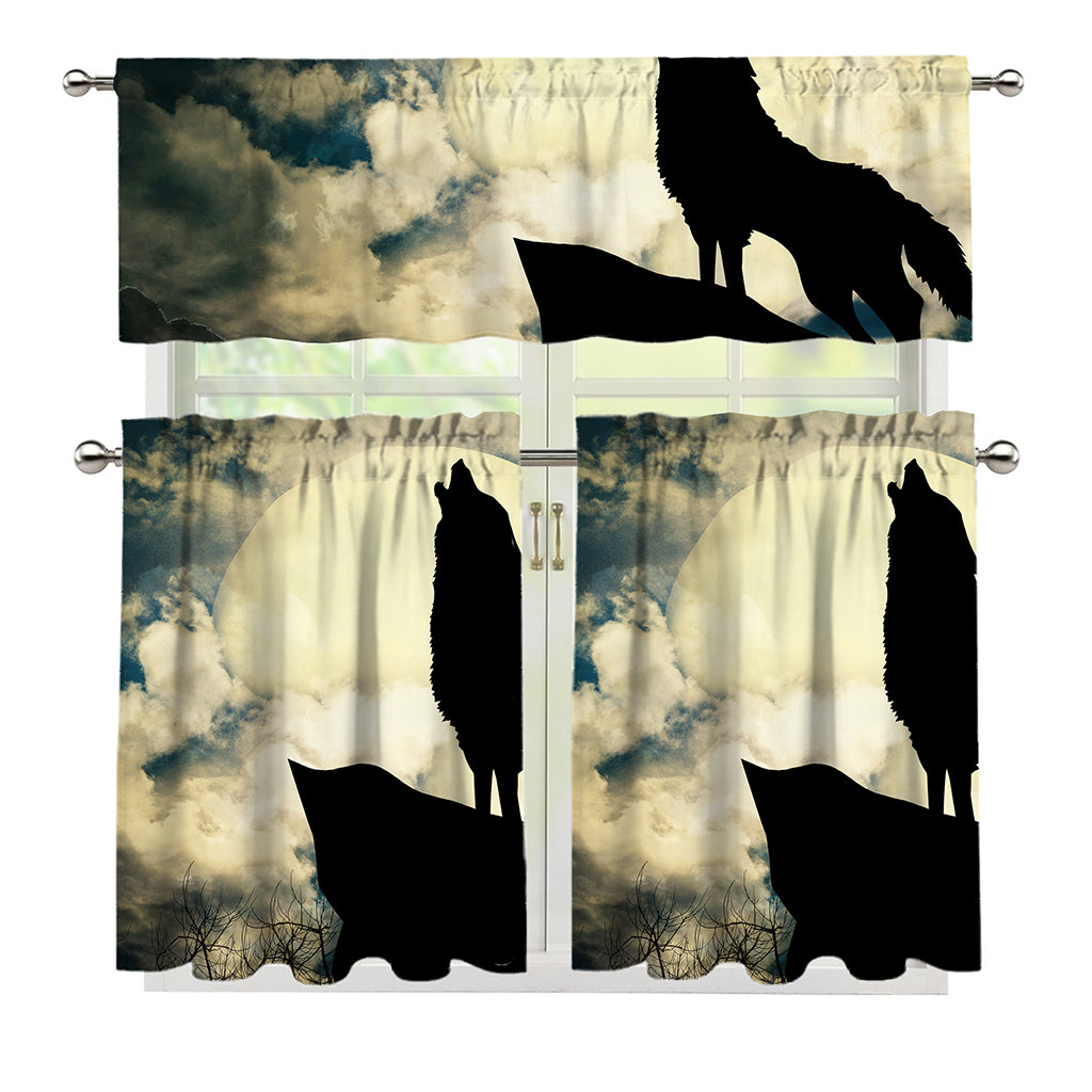 Wolf Howling At The Full Moon Print 3 Piece Kitchen Curtains