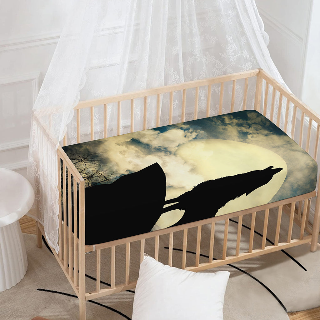 Wolf Howling At The Full Moon Print Baby Crib Sheet