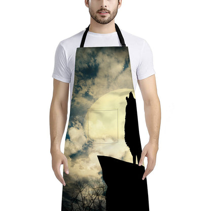 Wolf Howling At The Full Moon Print Bib Apron With Pocket