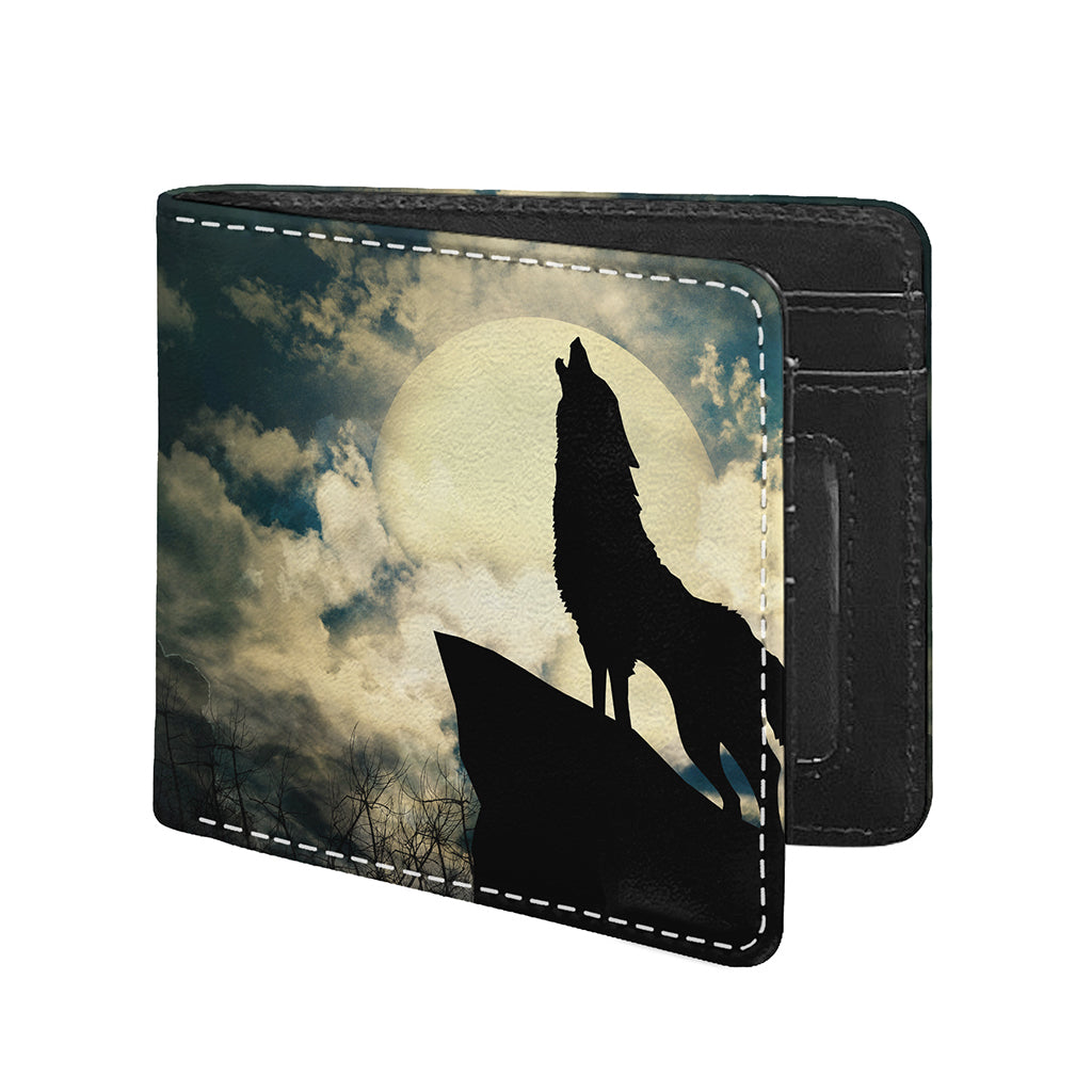 Wolf Howling At The Full Moon Print Bifold Wallet