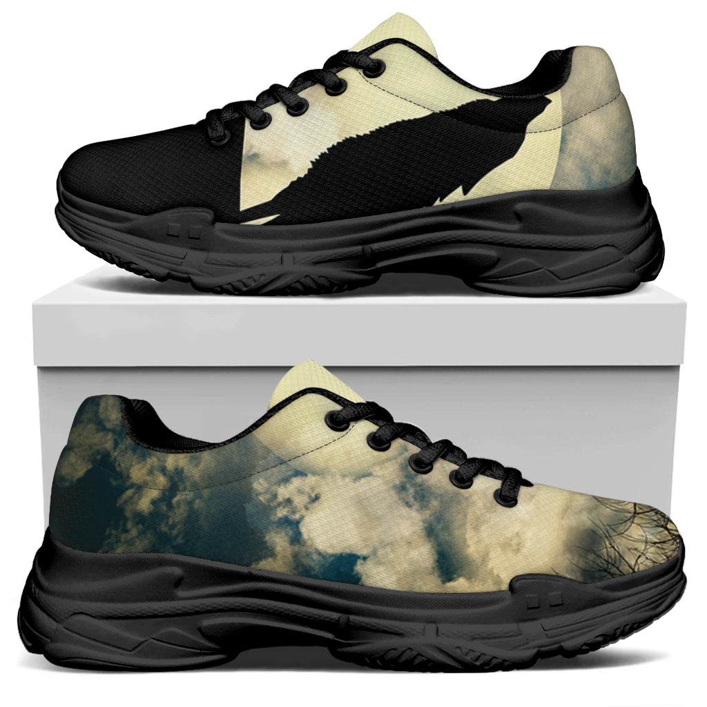 Wolf Howling At The Full Moon Print Black Chunky Shoes