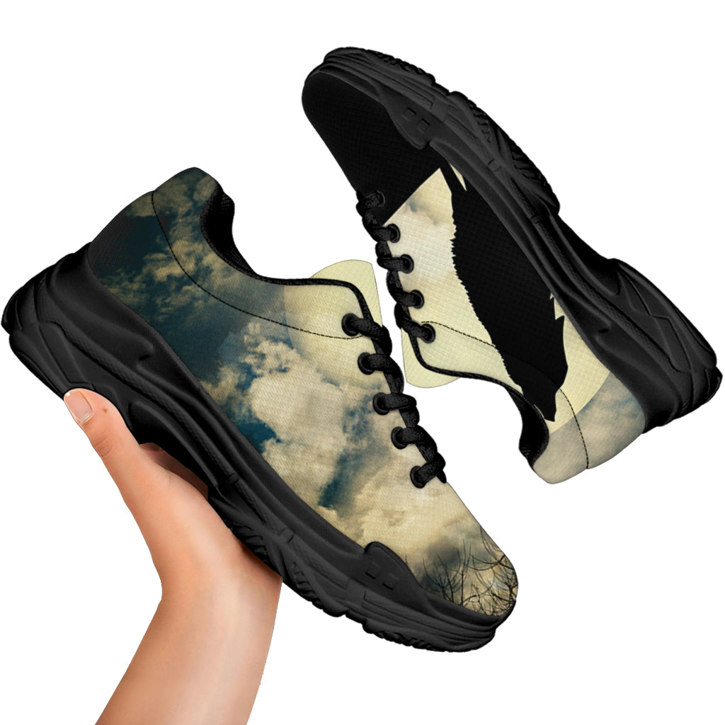 Wolf Howling At The Full Moon Print Black Chunky Shoes