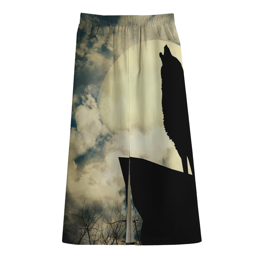 Wolf Howling At The Full Moon Print Cotton Front Slit Maxi Skirt