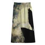 Wolf Howling At The Full Moon Print Cotton Front Slit Maxi Skirt