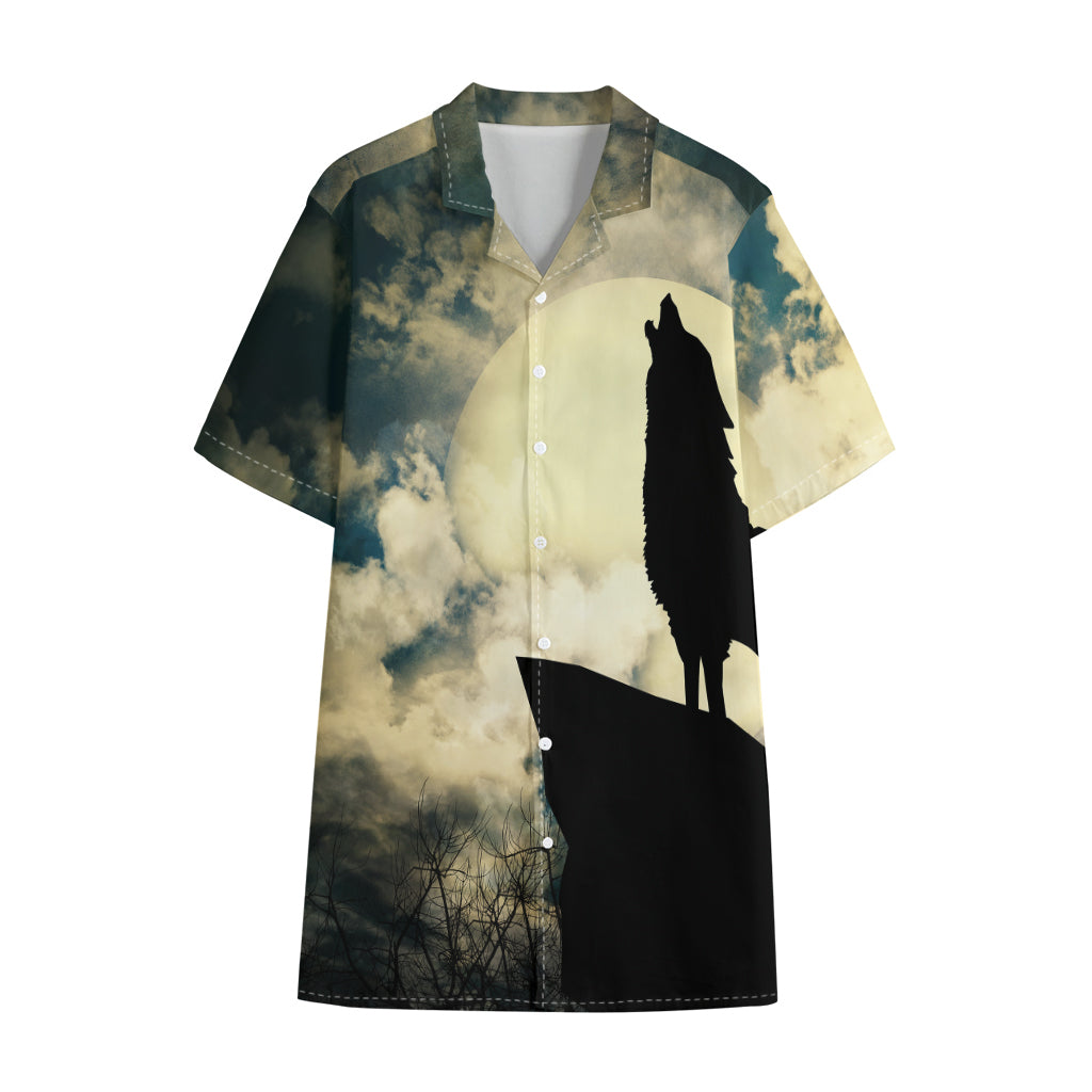 Wolf Howling At The Full Moon Print Cotton Hawaiian Shirt