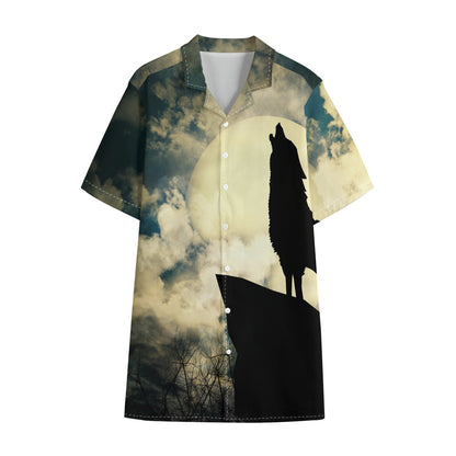 Wolf Howling At The Full Moon Print Cotton Hawaiian Shirt