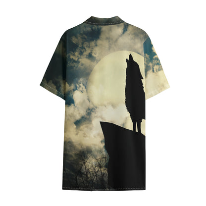 Wolf Howling At The Full Moon Print Cotton Hawaiian Shirt