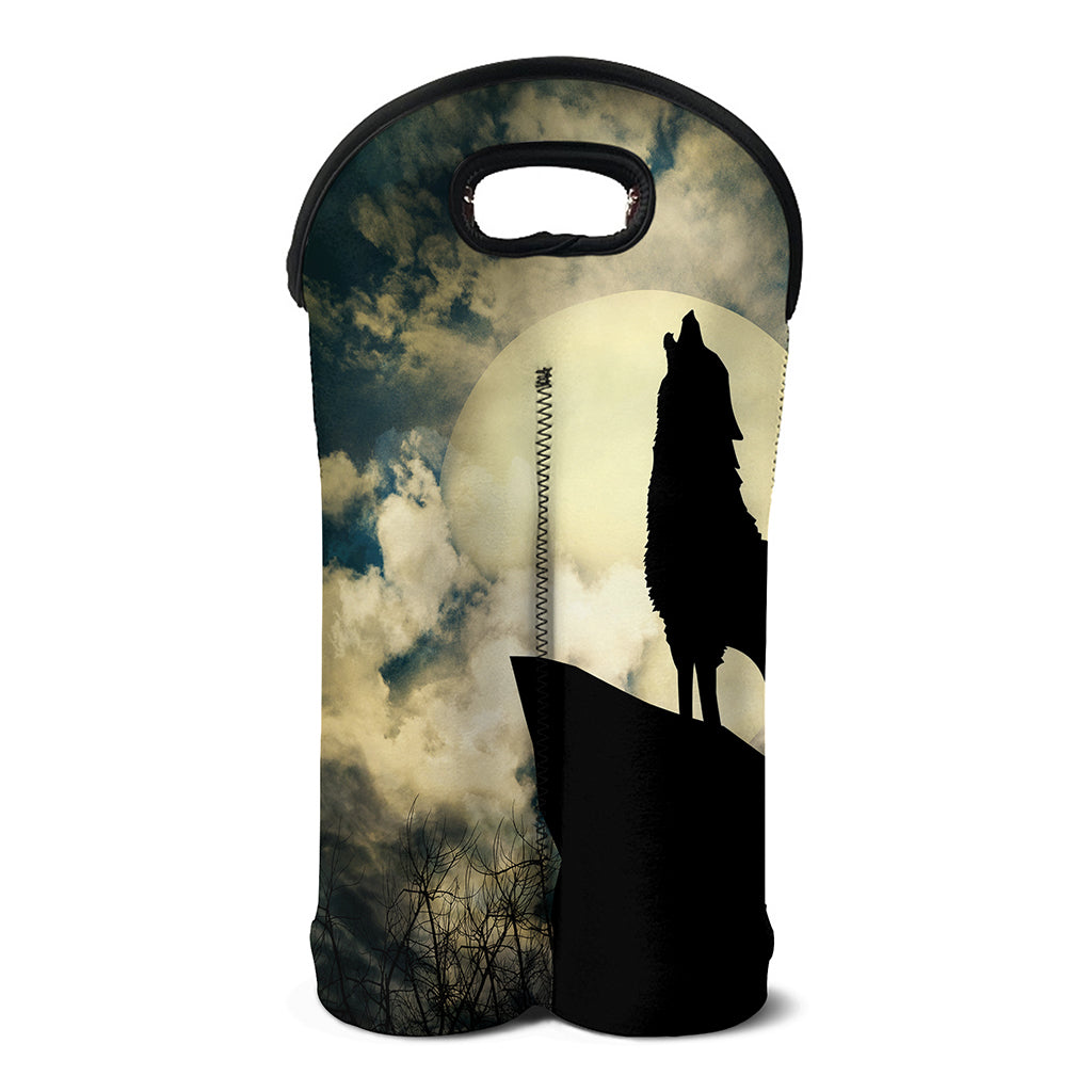 Wolf Howling At The Full Moon Print Double Neoprene Wine Tote