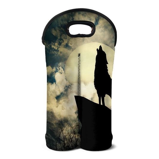 Wolf Howling At The Full Moon Print Double Neoprene Wine Tote