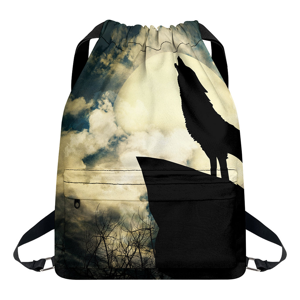 Wolf Howling At The Full Moon Print Drawstring Backpack