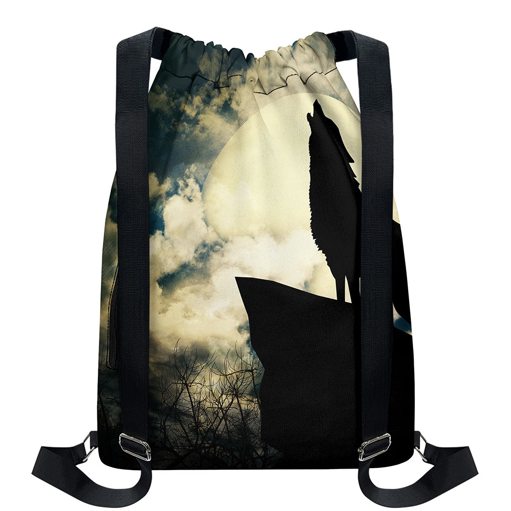 Wolf Howling At The Full Moon Print Drawstring Backpack