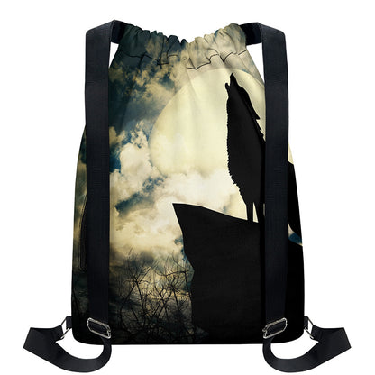 Wolf Howling At The Full Moon Print Drawstring Backpack