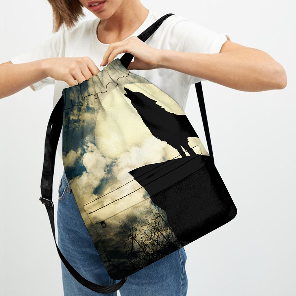 Wolf Howling At The Full Moon Print Drawstring Backpack