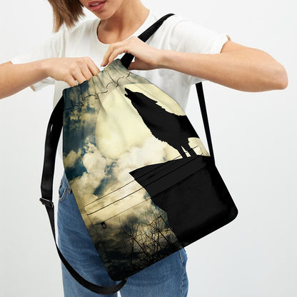 Wolf Howling At The Full Moon Print Drawstring Backpack