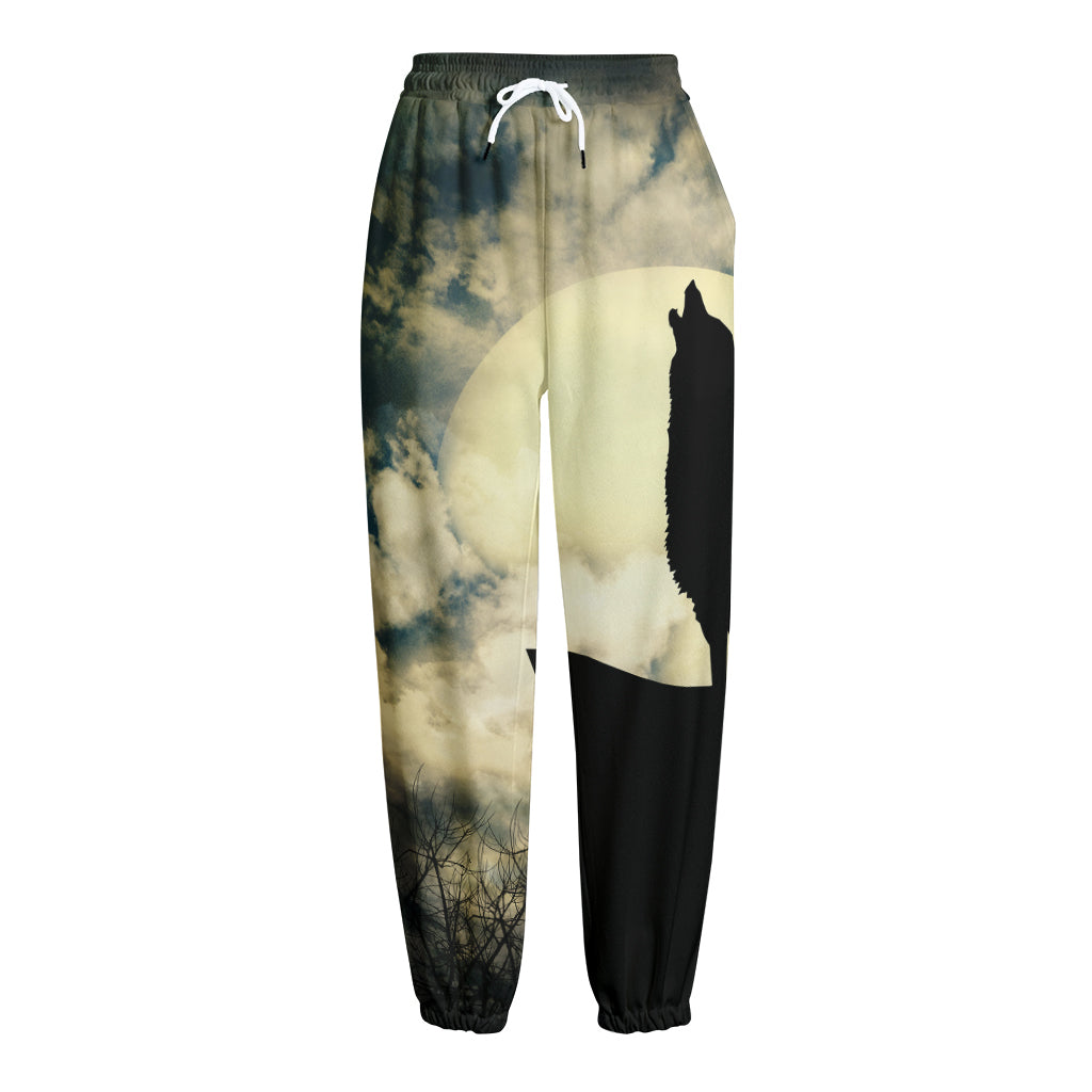 Wolf Howling At The Full Moon Print Fleece Lined Knit Pants