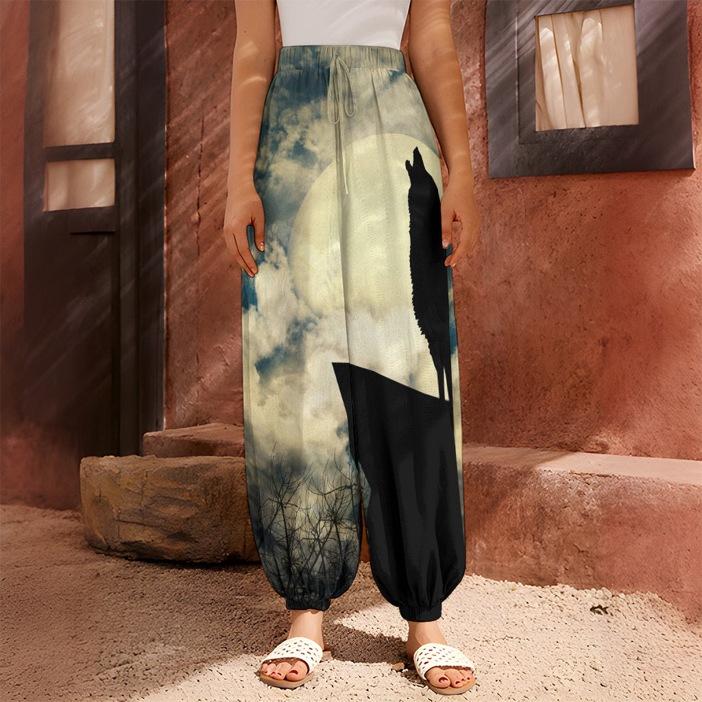 Wolf Howling At The Full Moon Print Harem Pants