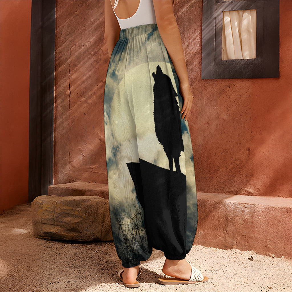 Wolf Howling At The Full Moon Print Harem Pants