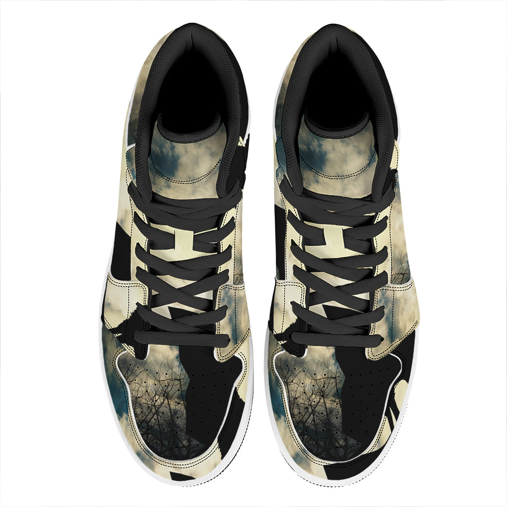 Wolf Howling At The Full Moon Print High Top Leather Sneakers
