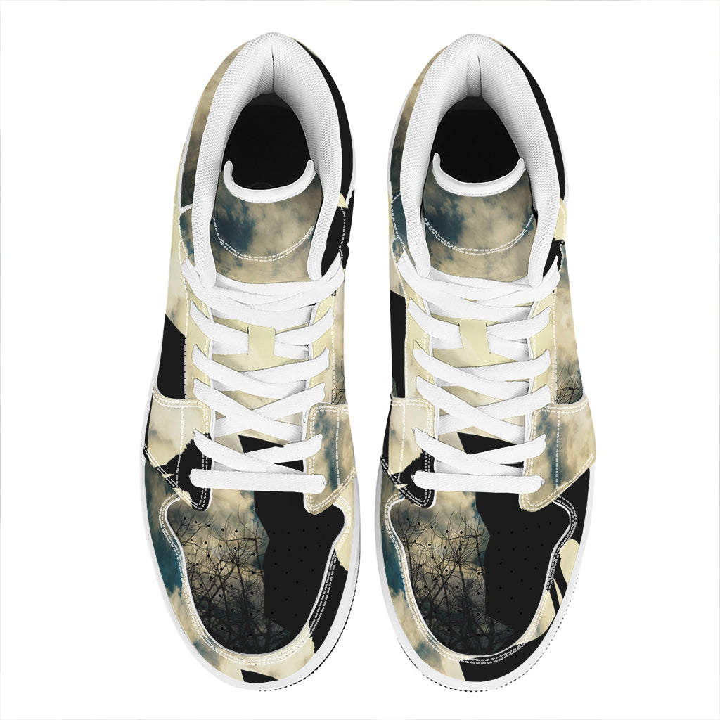 Wolf Howling At The Full Moon Print High Top Leather Sneakers