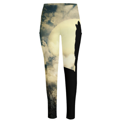Wolf Howling At The Full Moon Print High-Waisted Pocket Leggings