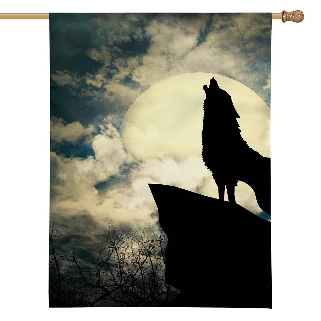 Wolf Howling At The Full Moon Print House Flag