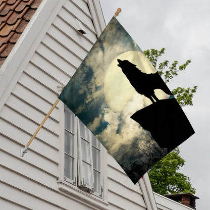 Wolf Howling At The Full Moon Print House Flag
