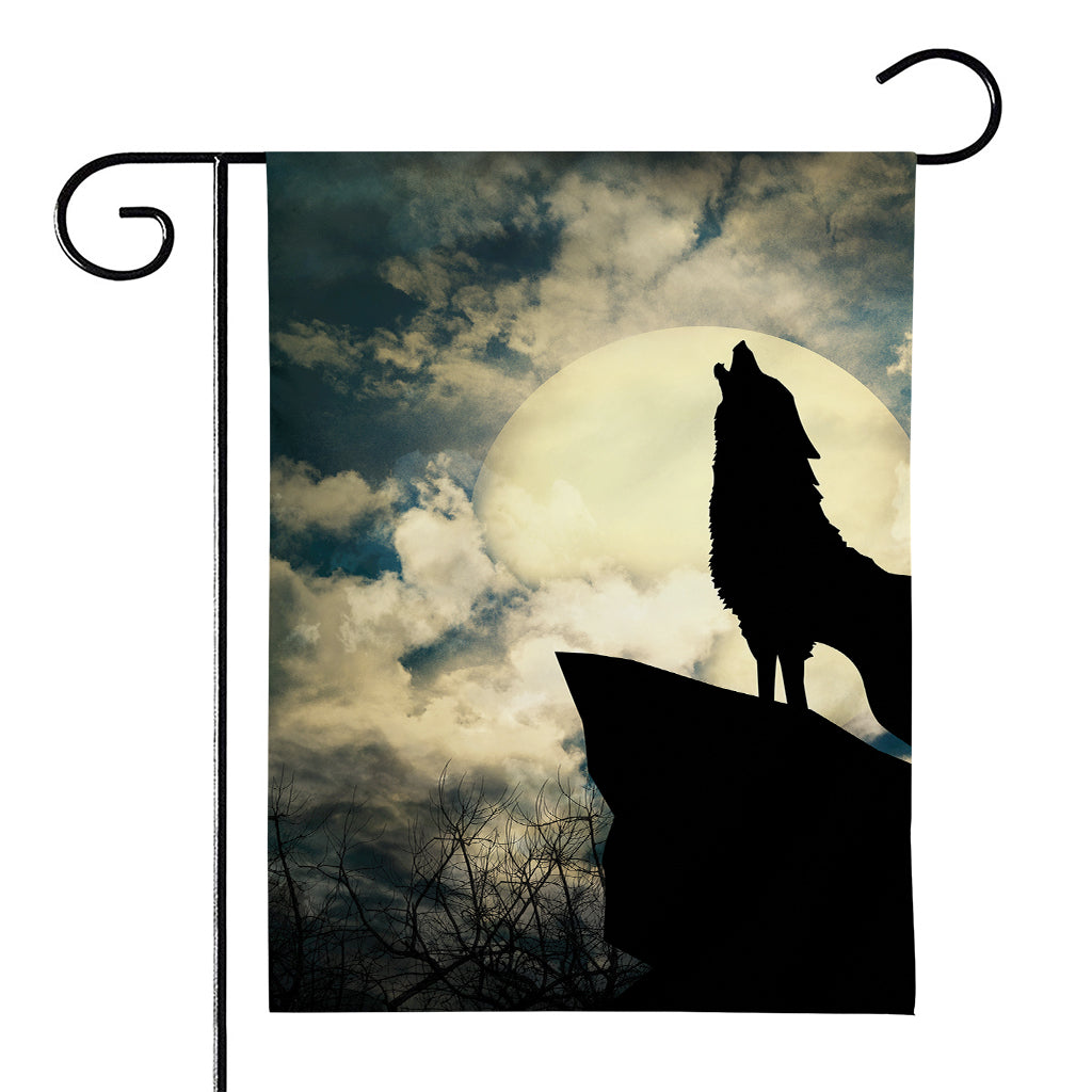 Wolf Howling At The Full Moon Print House Flag