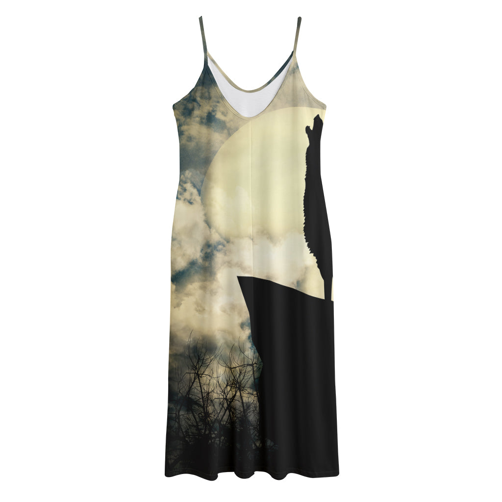 Wolf Howling At The Full Moon Print Jersey Midi Cami Dress