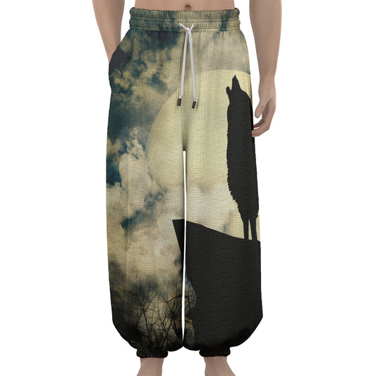 Wolf Howling At The Full Moon Print Lantern Pants