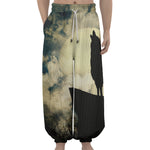 Wolf Howling At The Full Moon Print Lantern Pants