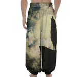Wolf Howling At The Full Moon Print Lantern Pants