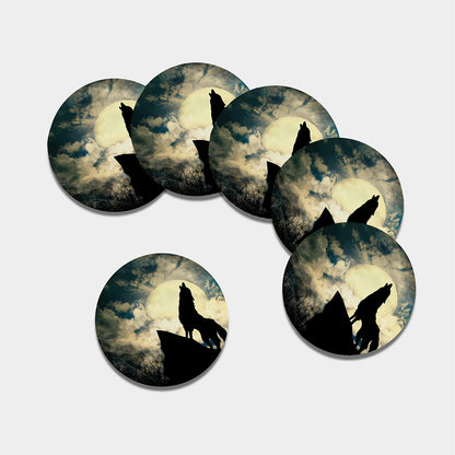 Wolf Howling At The Full Moon Print Leather Coaster Set
