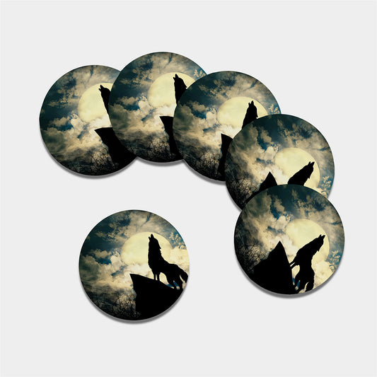 Wolf Howling At The Full Moon Print Leather Coaster Set