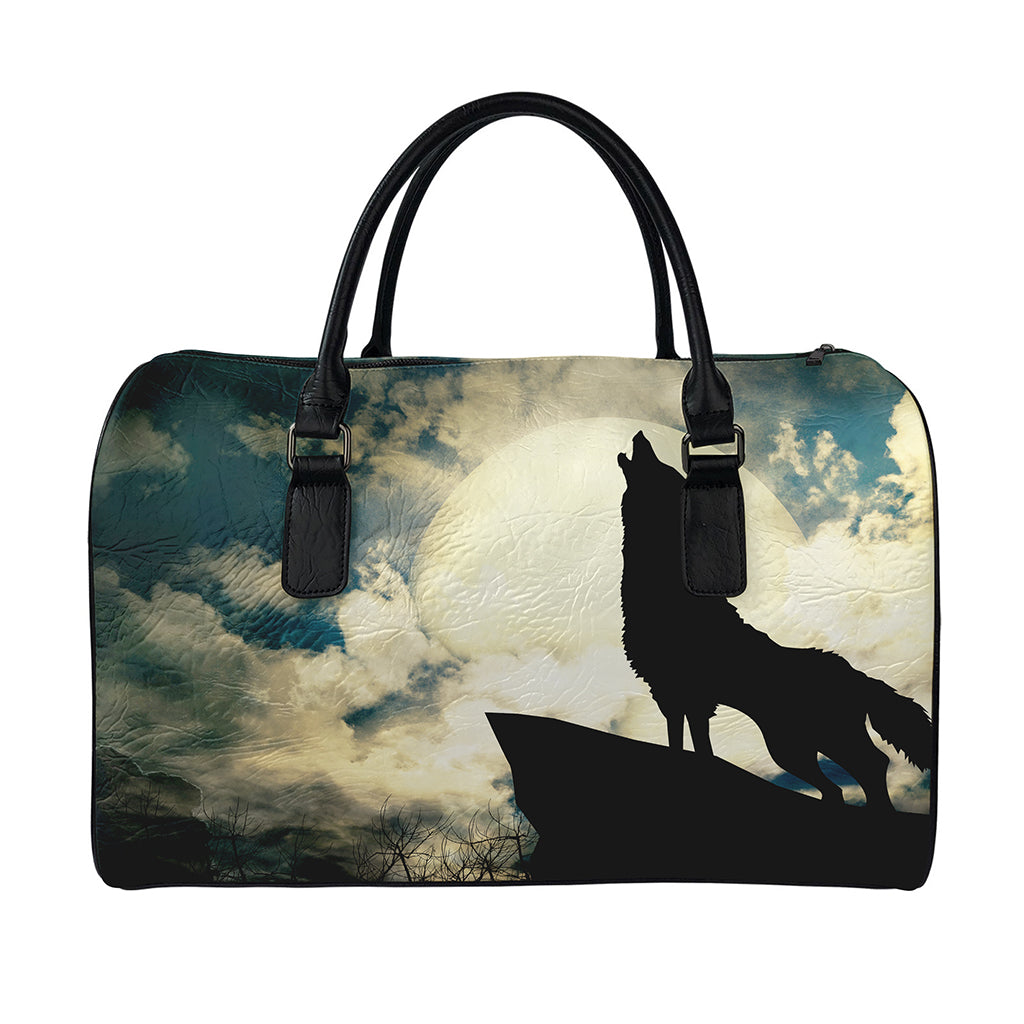 Wolf Howling At The Full Moon Print Leather Duffle Bag